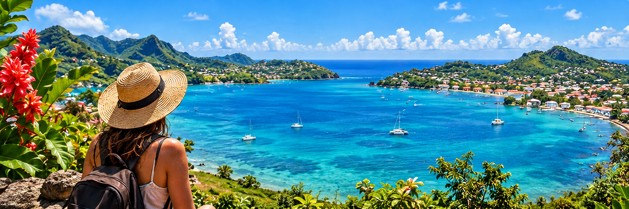 Woman overlooking Grenada's mountains, coastline and turquoise water